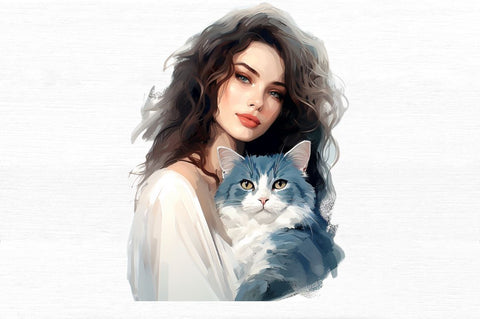 Beautiful Girl with Her Cat Clipart Sublimation Regulrcrative 
