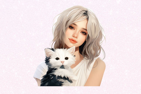 Beautiful Girl with Her Cat Clipart Sublimation Regulrcrative 