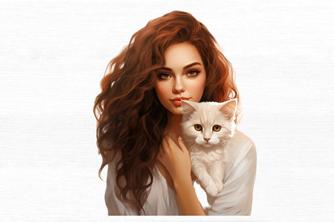 Beautiful Girl with Her Cat Clipart Sublimation Regulrcrative 