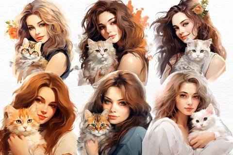 Beautiful Girl with Her Cat Clipart Sublimation Regulrcrative 