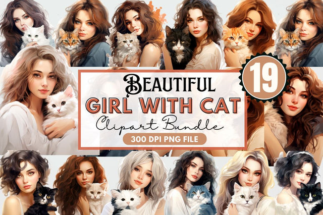 Beautiful Girl with Her Cat Clipart Sublimation Regulrcrative 