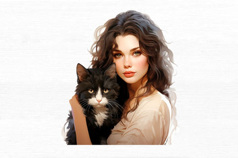Beautiful Girl with Her Cat Clipart Sublimation Regulrcrative 