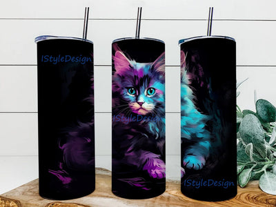 Beautiful Kitten In Purple Turquoise And Pink 20oz Skinny Tumbler Png, Turquoise And Pink Cat Tumbler, Cute Cat Png, Cute Rainbow Kittens Cat Watercolor Png Sublimation iStyleDesign 