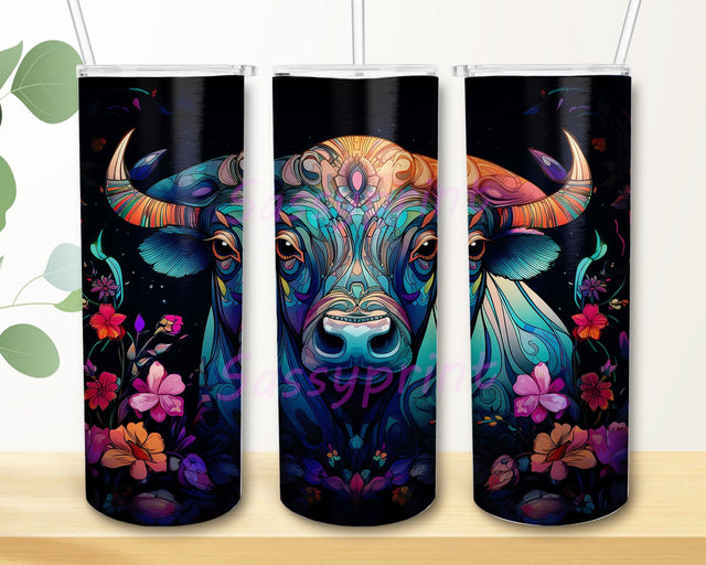 Beautiful Neon 3D Bull Flowers 20oz Skinny Tumbler Png, Neon Bull With Flowers Tumbler, Rainbow Alcohol Ink Glitter, Colorful Flowers Bull Tumbler Sublimation sassyprint 