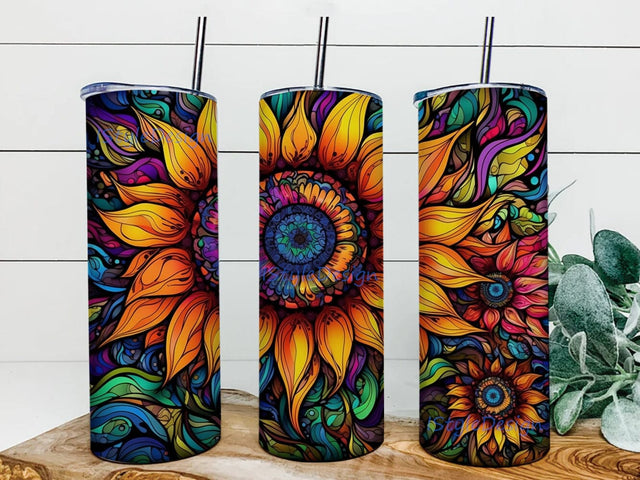 Beautiful Psychedelic Sunflower 20oz Skinny Tumbler Png, Tie Dye Sunflower Tumbler, Swimming Tumbler Wrap, Neon Sunflowers Psychedelic Tumbler Sublimation iStyleDesign 