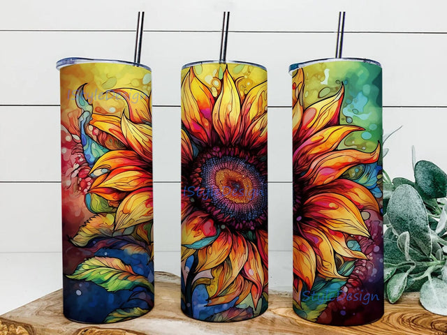 Beautiful Psychedelic Sunflower 20oz Skinny Tumbler Png, Tie Dye Sunflower Tumbler, Swimming Tumbler Wrap, Neon Sunflowers Psychedelic Tumbler Sublimation iStyleDesign 
