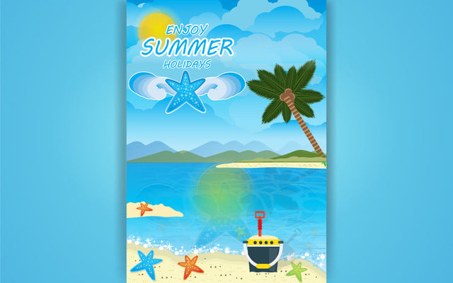beautiful summer on tropical beach with coconut trees, sun and decorative element. background summer design with blank space for text. SVG naemmiah021 