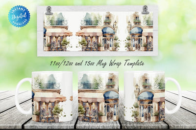 Beautiful Watercolor Parisian Cafe 11, 12 & 15 Oz Mug Sublimation Sublimation Regulrcrative 