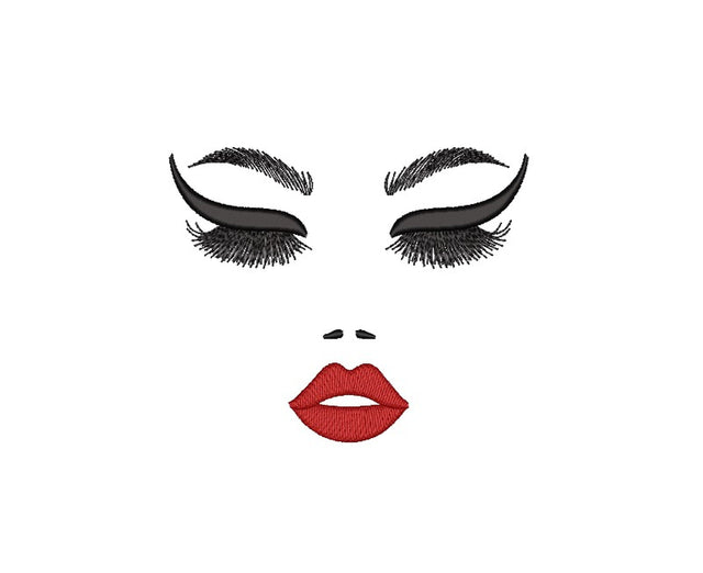 Beautiful woman face embroidery design, Machine embroidery design, Eyelashes embroidery, Red lipstick embroidery, 3 sizes Embroidery/Applique DESIGNS Nino Nadaraia 