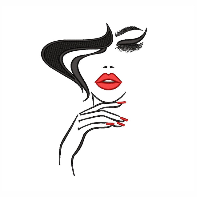 Beautiful woman face with red lips embroidery design, lush eyelashes embroidery file, 5 sizes Embroidery/Applique DESIGNS Nino Nadaraia 