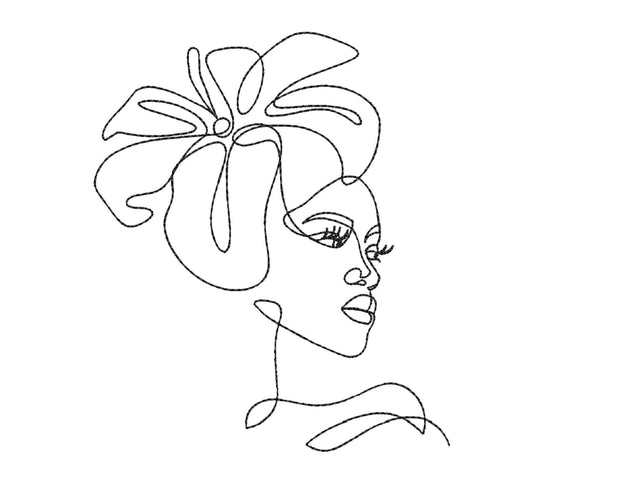 Beautiful Young African American Woman Machine Embroidery Design, One Line Art Embroidery Design, 4 sizes Embroidery/Applique DESIGNS Nino Nadaraia 
