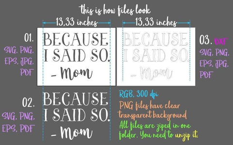 Because I Said So Mom Life Funny Saying Sarcastic Momlife Quote Parenting Maternity Mother Mama SVG DXF PNG PDf JPG SVG Digitals by Hanna 