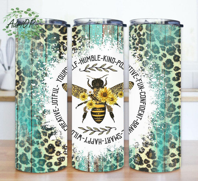 Bee 20oz Skinny Tumbler, Bee Sunflower Tumbler Png, Leopard Turquoise Tumbler Wrap, Bee Happy Tumbler Design, Bee Tumbler With Lid And Straw, Instant Download Sublimation AdriOP 