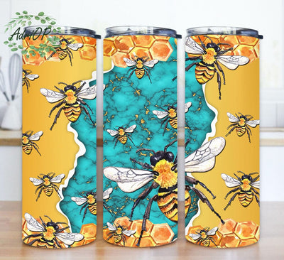 Bee 20oz Skinny Tumbler, Honeycomb TurquoiseTumbler Wrap, Bee Sublimation Design, Bees Happy Tumbler Design, Digital Download Sublimation AdriOP 