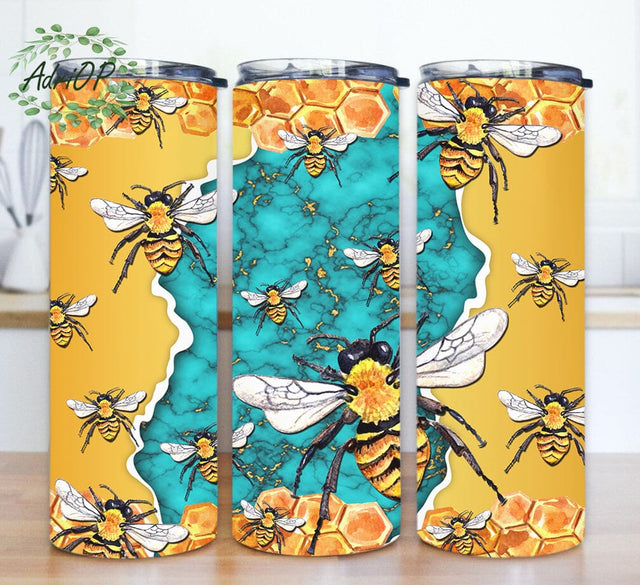 Bee 20oz Skinny Tumbler, Honeycomb TurquoiseTumbler Wrap, Bee Sublimation Design, Bees Happy Tumbler Design, Digital Download Sublimation AdriOP 