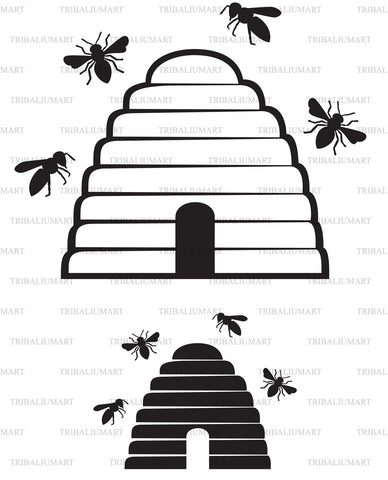 Bee and beehive. Honey design SVG TribaliumArtSF 