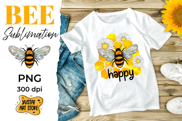 Bee and chamomile sublimation design "Bee happy" quote Sublimation Yustaf Art Store 