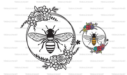 Bee and floral wreath circle frame SVG TribaliumArtSF 