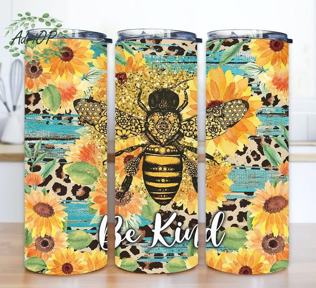 Bee Be Kind Sunflower 20oz Skinny Tumbler Png, Bee Tumbler, Summer Tumbler, Leopard Sunflower Tumbler, Bee Sunflower Png, Animal Print Bee Sublimation AdriOP 