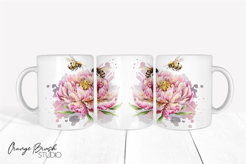 Bee Coffee Mug Sublimation Wrap, Floral Mug Wrap Design Sublimation OrangeBrushStudio 