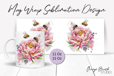 Bee Coffee Mug Sublimation Wrap, Floral Mug Wrap Design Sublimation OrangeBrushStudio 