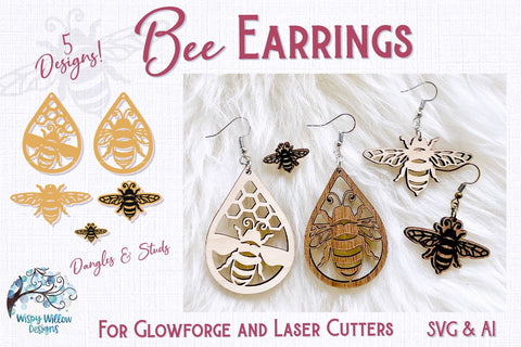Bee Earring File for Glowforge or Laser Cutter SVG Wispy Willow Designs 