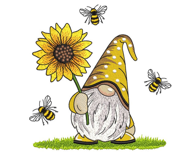 Bee Gnome with a Sunflower Embroidery Design, 4 sizes Embroidery/Applique DESIGNS Nino Nadaraia 
