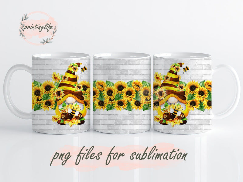 Bee Gnomes and Sunflowers 11oz Mug Wrap Template, Coffee Mug Sublimation Sublimation PrintingLife 