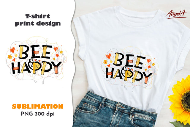 Bee happy. Bee hand drawn png. Funny quotes. Bee sublimation SVG Angelina Semenova 