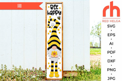 Bee Happy SVG, Porch Board Cut File, Gnome with Sunflower DXF, Layered Seasonal Sign SVG RedHelgaArt 