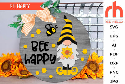 Bee Happy SVG, Round Hanger Cut File, Summer Door Sign DXF, Gnome with Sunflower Silhouette SVG RedHelgaArt 