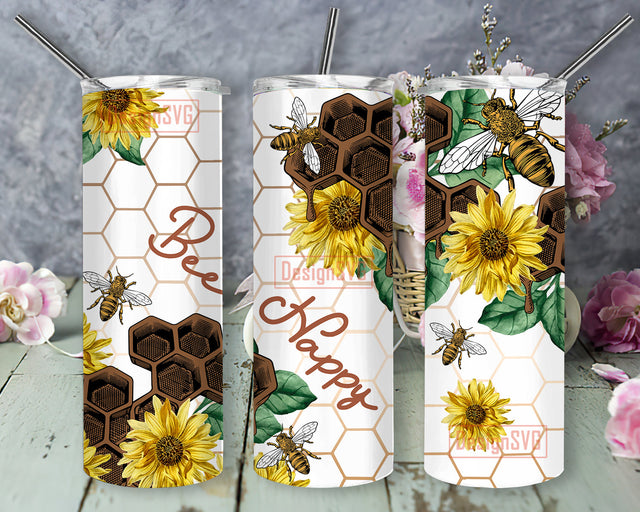 Bee Happy Tumbler Png, Bee 20oz Skinny Tumbler, Sunflower Tumbler Wrap, Honeycomb Design Png, Bee Sublimation Design for Straight, Digital Download Sublimation DesignSVG 