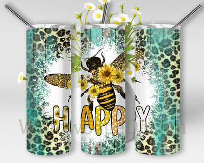 Bee Happy Tumbler Png, Bee Sunflower Png, Bee 20oz Skinny Tumbler, Leopard Turquoise Tumbler Wrap, Western Bee Sublimation Design, Digital Download Sublimation WillowSageDesign 