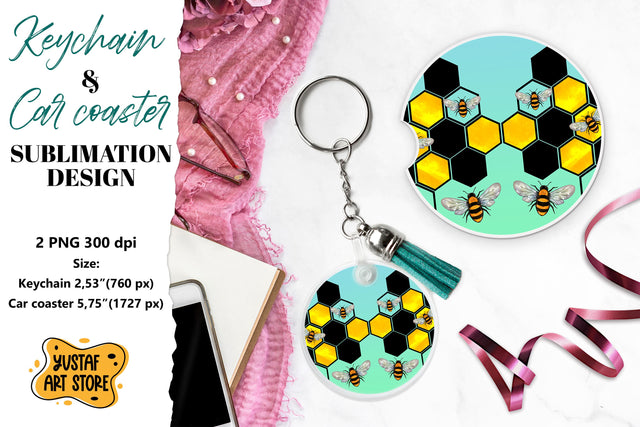 Bee Keychain sublimation. Bee Car coaster sublimation. Sublimation Yustaf Art Store 