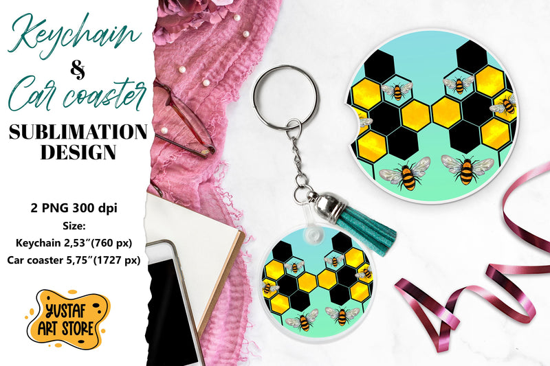 Bee Keychain sublimation. Bee Car coaster sublimation. Sublimation Yustaf Art Store 
