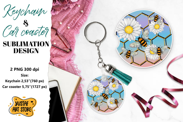Bee Keychain sublimation. Bee Car coaster sublimation. Sublimation Yustaf Art Store 