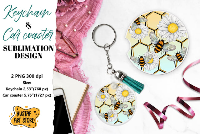 Bee Keychain sublimation. Bee Car coaster sublimation. Sublimation Yustaf Art Store 