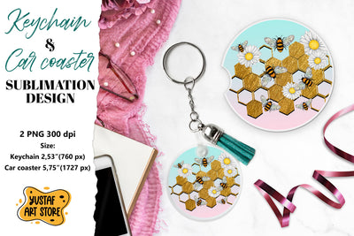 Bee Keychain sublimation. Bee Car coaster sublimation. Sublimation Yustaf Art Store 