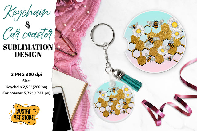 Bee Keychain sublimation. Bee Car coaster sublimation. Sublimation Yustaf Art Store 