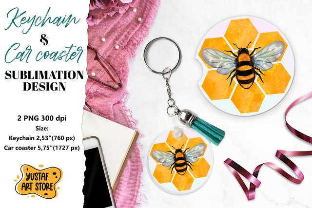Bee Keychain sublimation. Bee Car coaster sublimation. Sublimation Yustaf Art Store 