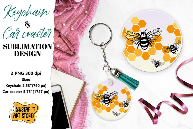 Bee Keychain sublimation. Bee Car coaster sublimation. Sublimation Yustaf Art Store 