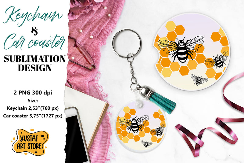 Bee Keychain sublimation. Bee Car coaster sublimation. Sublimation Yustaf Art Store 