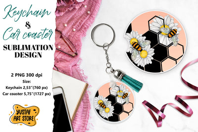 Bee Keychain sublimation. Bee Car coaster sublimation. Sublimation Yustaf Art Store 