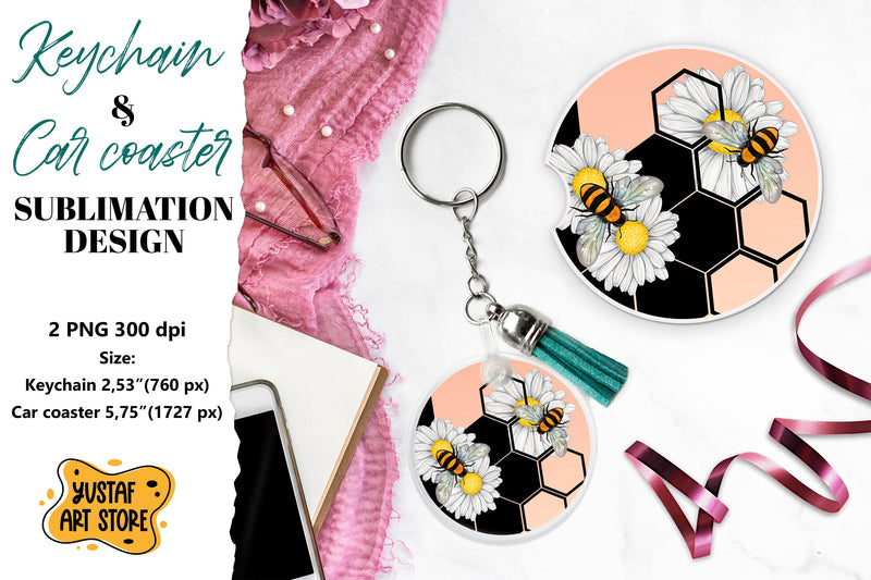 Bee Keychain sublimation. Bee Car coaster sublimation. Sublimation Yustaf Art Store 