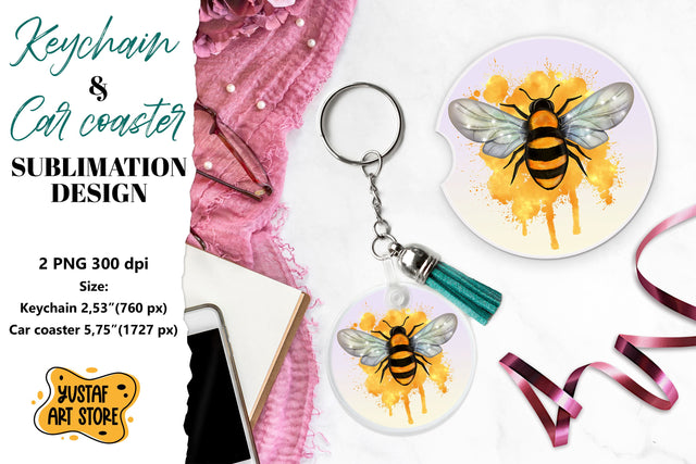 Bee Keychain sublimation. Bee Car coaster sublimation. Sublimation Yustaf Art Store 