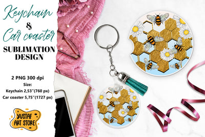 Bee Keychain sublimation. Bee Car coaster sublimation. Sublimation Yustaf Art Store 