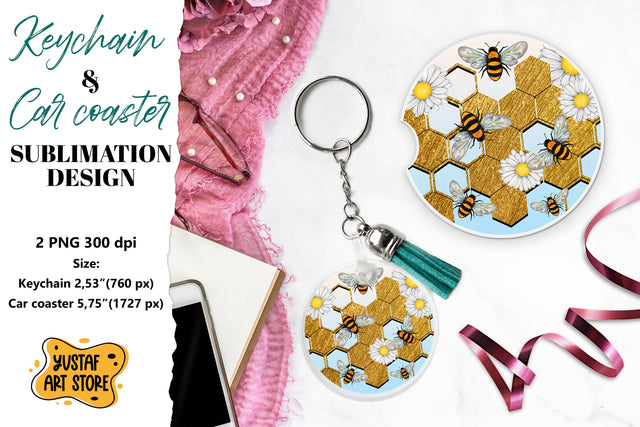 Bee Keychain sublimation. Bee Car coaster sublimation. Sublimation Yustaf Art Store 