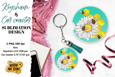 Bee Keychain sublimation. Bee Car coaster sublimation. Sublimation Yustaf Art Store 