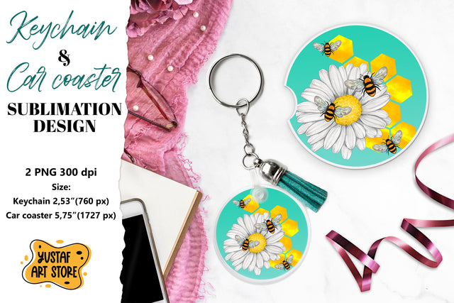 Bee Keychain sublimation. Bee Car coaster sublimation. Sublimation Yustaf Art Store 
