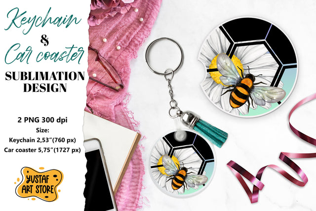 Bee Keychain sublimation. Bee Car coaster sublimation. Sublimation Yustaf Art Store 